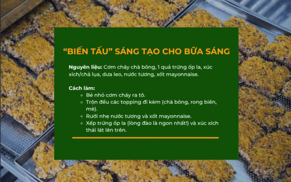 Biến tấu cơm cháy trộn với trứng ốp la và xúc xích cho bữa sáng