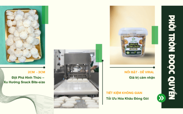 Phôi cơm cháy tròn độc quyền Thuận Khánh và dây chuyền sản xuất đóng gói tự động.